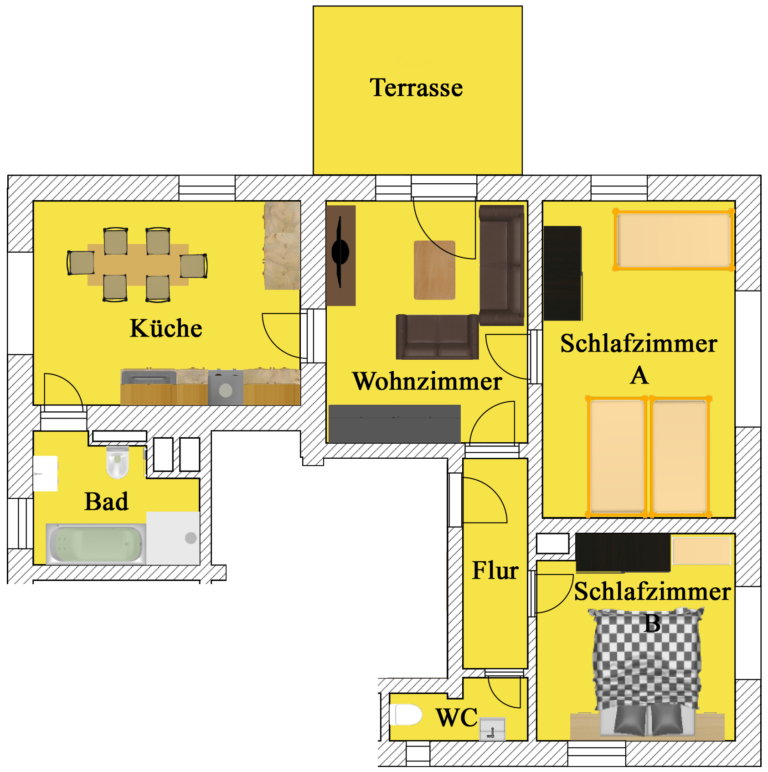 Grundriss, Bad, Küche, Wohnzimmer, 2 Schlafzimmer, WC und Terrasse